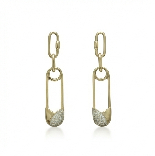 925 Sterling Silver Gold Plated Safety Pin Link Drop Earrings Jewellery Pave Setting