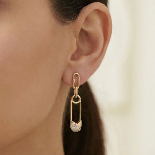 925 Sterling Silver Gold Plated Safety Pin Link Drop Earrings Jewellery Pave Setting