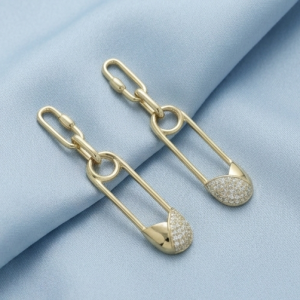 925 Sterling Silver Gold Plated Safety Pin Link Drop Earrings Jewellery Pave Setting