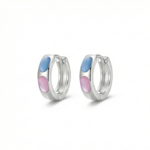 925 Sterling Silver Pastel Pink and Blue Oval Inlay Huggie Hoop Earrings for Women Rhodium Plated Jewellery