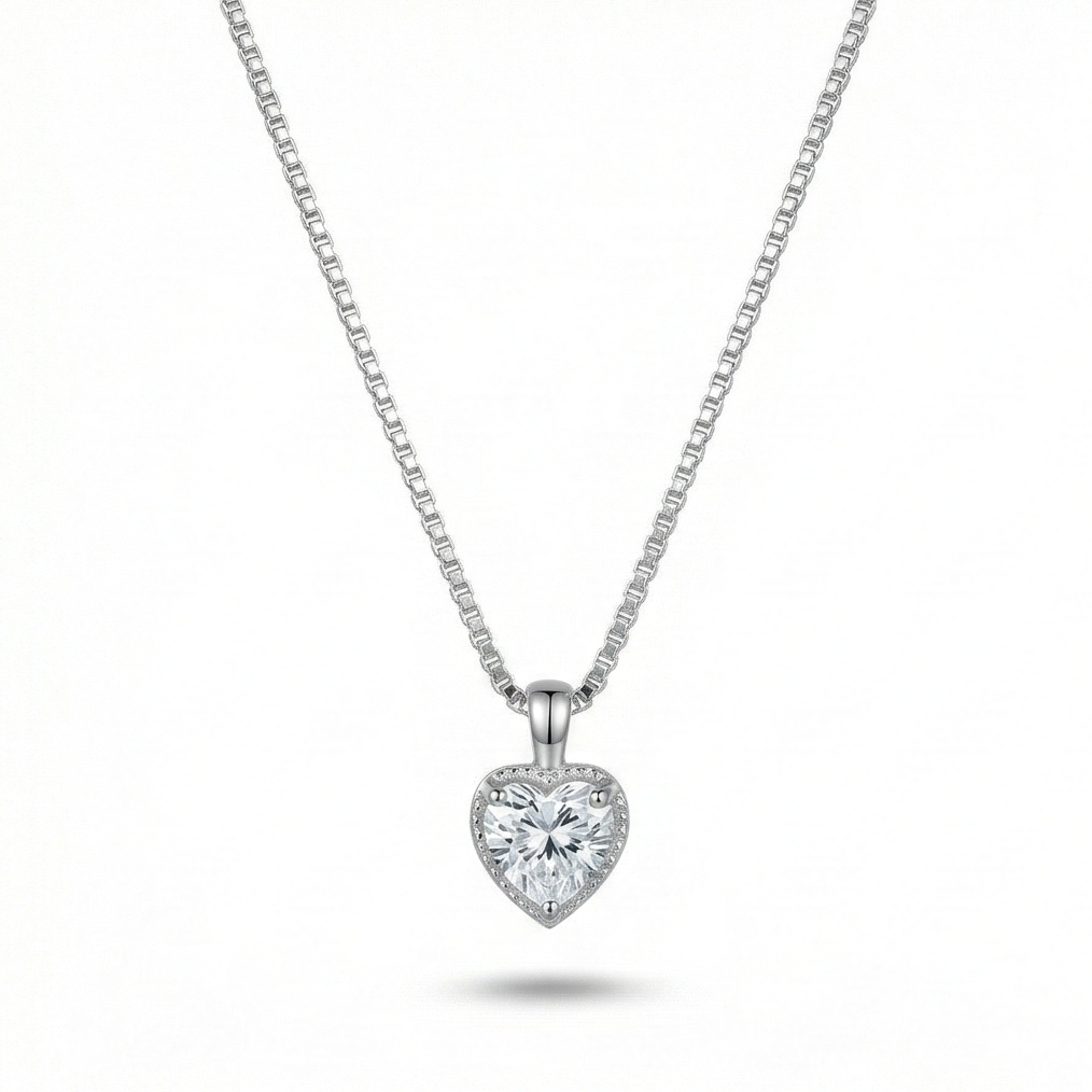 925 Sterling Silver Classic Heart Halo Solitaire Pendant Necklace Jewellery for Women
