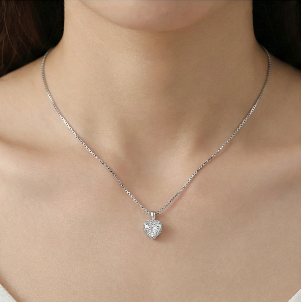 925 Sterling Silver Classic Heart Halo Solitaire Pendant Necklace Jewellery for Women