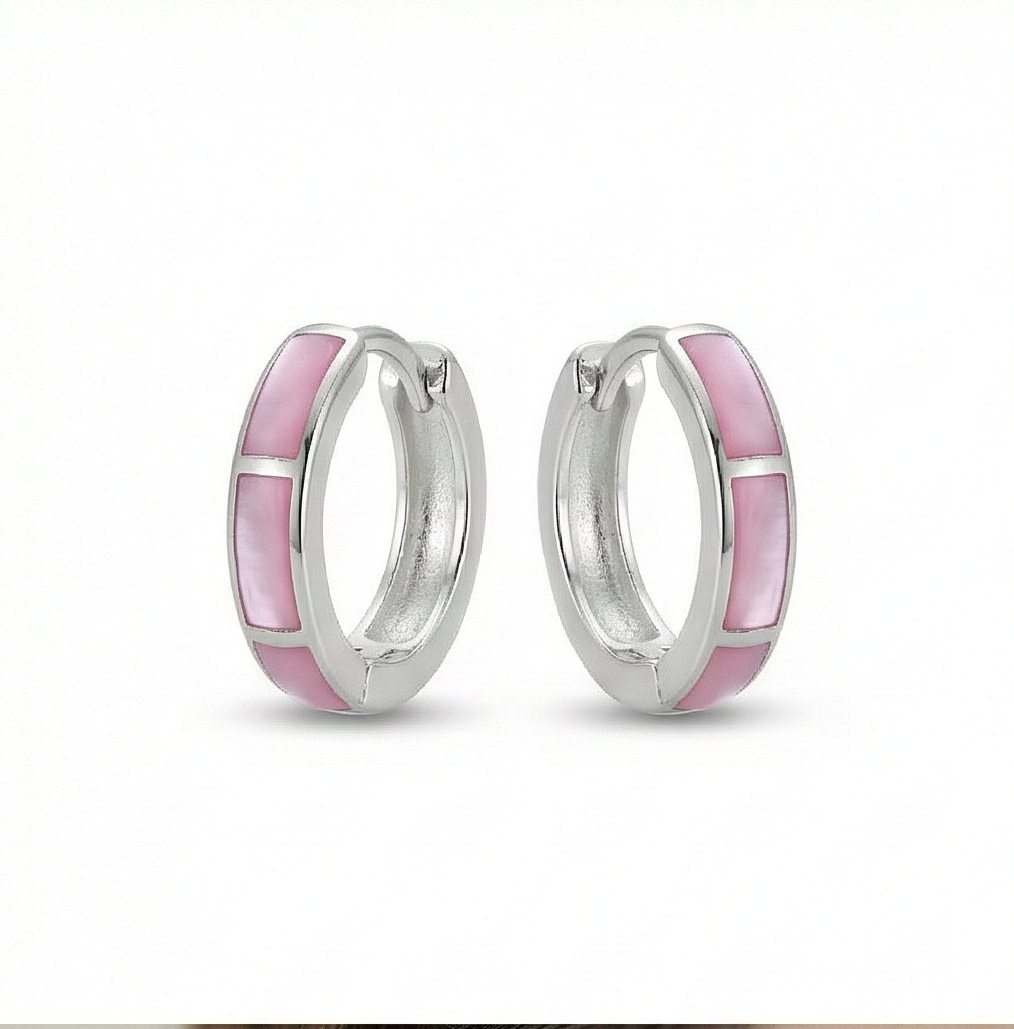 925 Sterling Silver Pink Pearlescent Rectangular Inlay Huggie Hoop Earrings for Women Rhodium Plated Jewellery