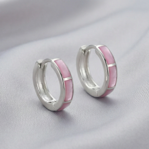 925 Sterling Silver Pink Pearlescent Rectangular Inlay Huggie Hoop Earrings for Women Rhodium Plated Jewellery