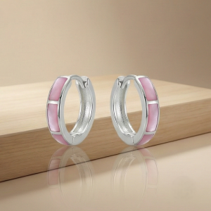 925 Sterling Silver Pink Pearlescent Rectangular Inlay Huggie Hoop Earrings for Women Rhodium Plated Jewellery