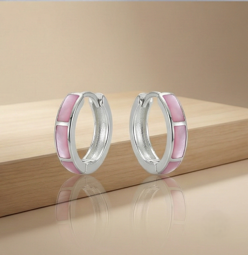 925 Sterling Silver Pink Pearlescent Rectangular Inlay Huggie Hoop Earrings for Women Rhodium Plated Jewellery