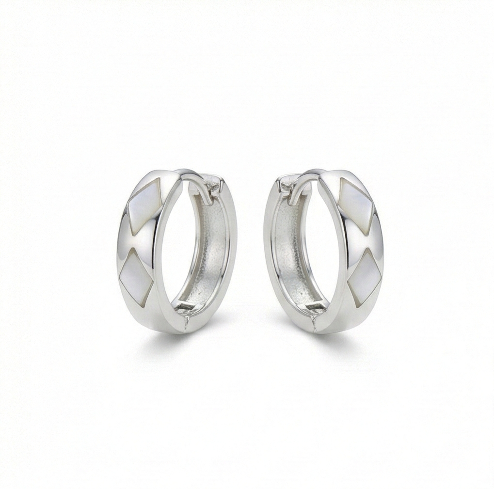 925 Sterling Silver White Pearlescent Geometric Huggie Hoop Earrings for Women Rhodium Plated Jewellery