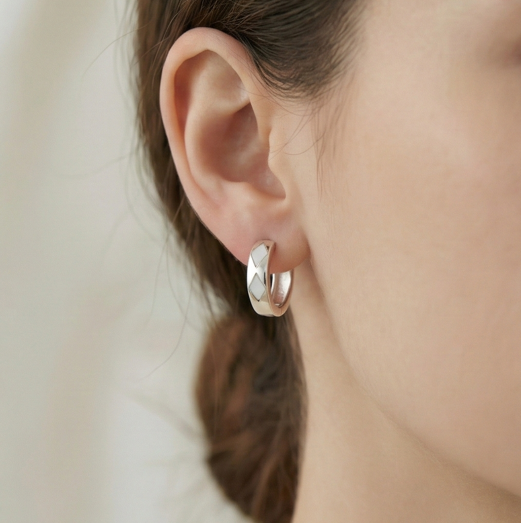 925 Sterling Silver White Pearlescent Geometric Huggie Hoop Earrings for Women Rhodium Plated Jewellery