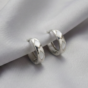 925 Sterling Silver White Pearlescent Geometric Huggie Hoop Earrings for Women Rhodium Plated Jewellery