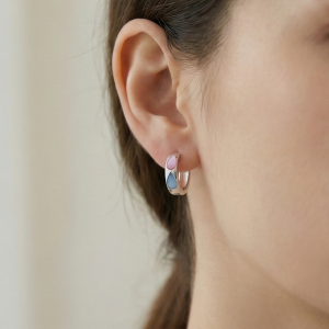 925 Sterling Silver Pink and Blue Teardrop Inlay Huggie Hoop Earrings for Women Rhodium Plated Jewellery
