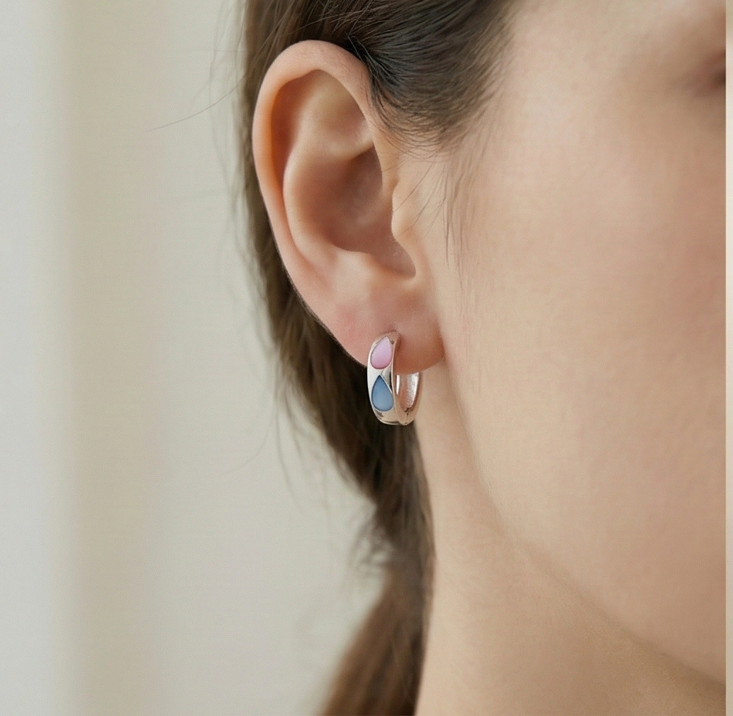 925 Sterling Silver Pink and Blue Teardrop Inlay Huggie Hoop Earrings for Women Rhodium Plated Jewellery
