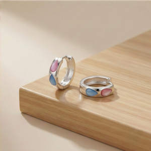 925 Sterling Silver Pink and Blue Teardrop Inlay Huggie Hoop Earrings for Women Rhodium Plated Jewellery