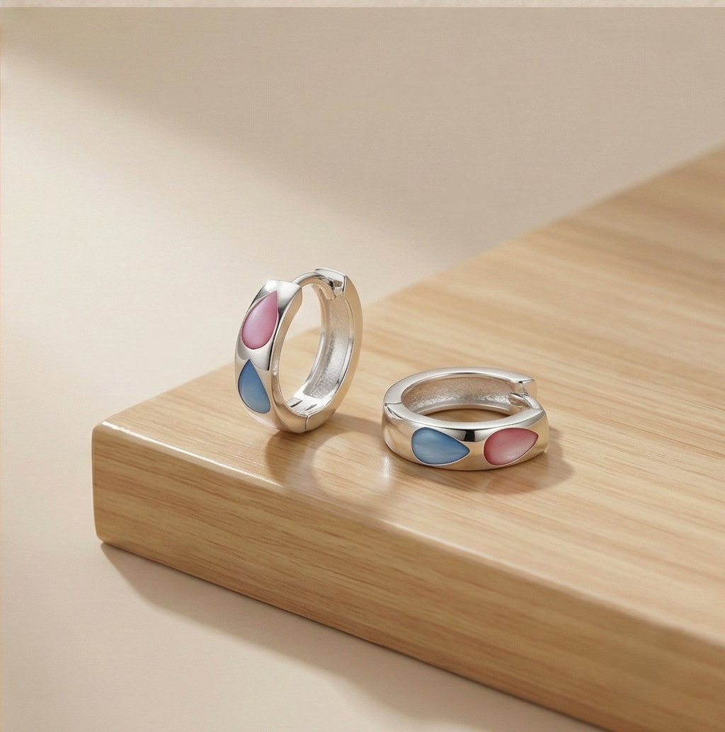 925 Sterling Silver Pink and Blue Teardrop Inlay Huggie Hoop Earrings for Women Rhodium Plated Jewellery