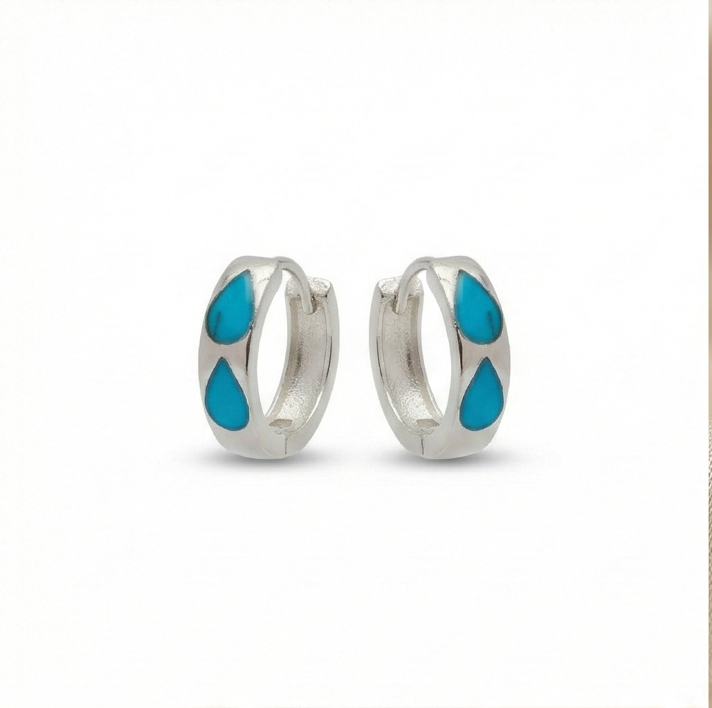 925 Sterling Silver Turquoise Blue Teardrop Inlay Huggie Hoop Earrings for Women Rhodium Plated Jewellery