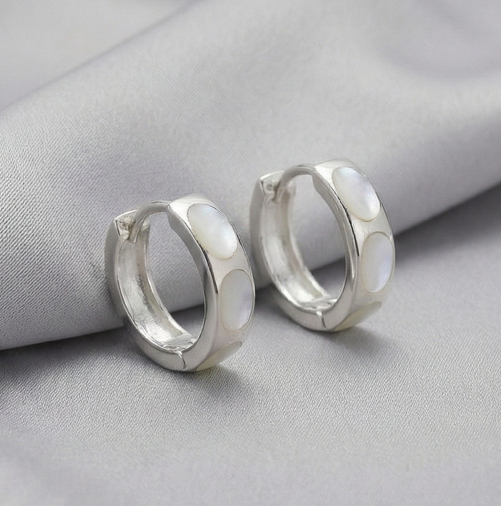 925 Sterling Silver White Mother of Pearl Oval Inlay Hoop Earrings Jewellery for Women