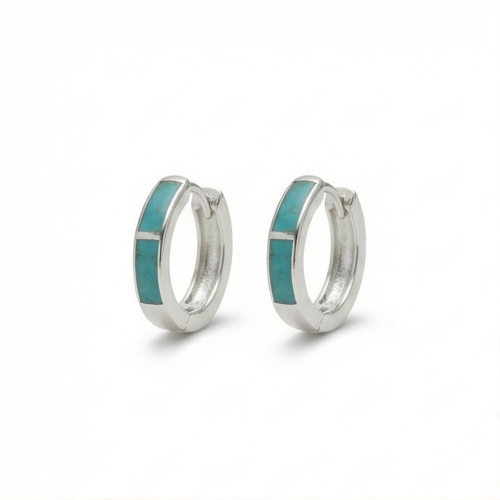 925 Sterling Silver Turquoise Green Inlay Huggie Hoop Earrings for Women Rhodium Plated Minimalist Jewellery