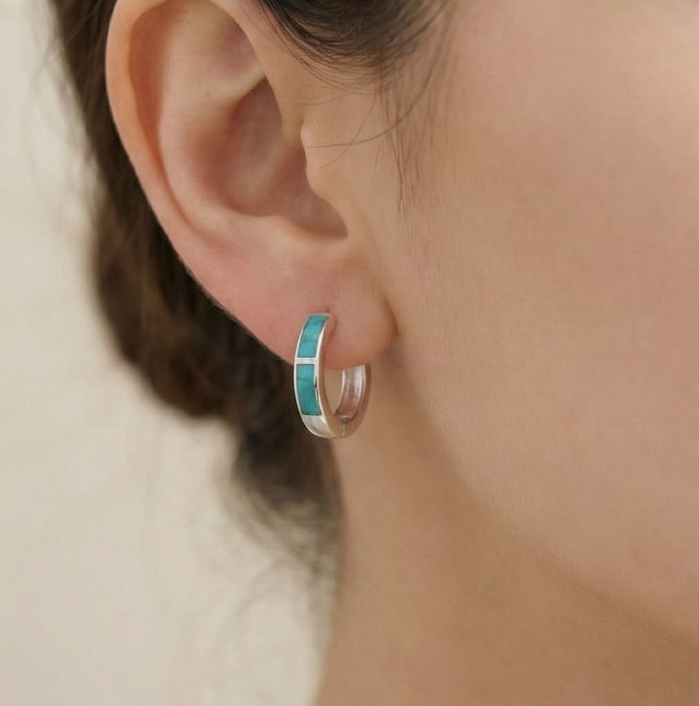 925 Sterling Silver Turquoise Green Inlay Huggie Hoop Earrings for Women Rhodium Plated Minimalist Jewellery