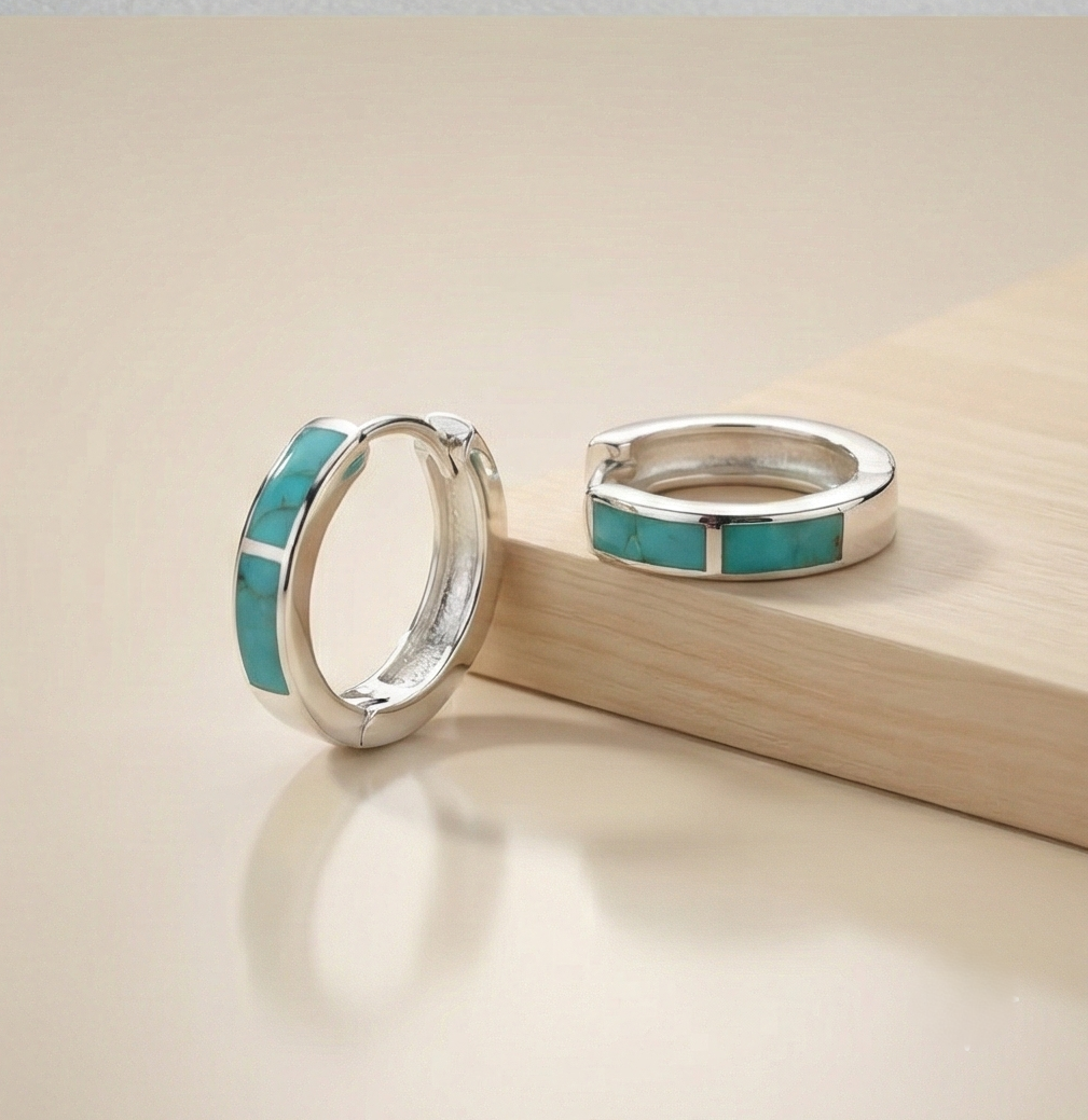 925 Sterling Silver Turquoise Green Inlay Huggie Hoop Earrings for Women Rhodium Plated Minimalist Jewellery