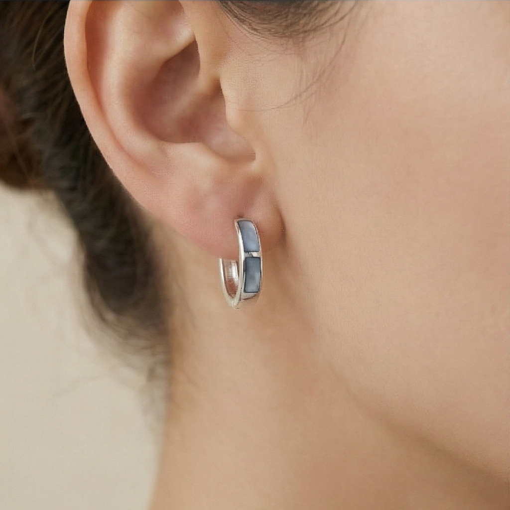 925 Sterling Silver Grey Rectangular Inlay Hoop Earrings Jewellery for Women