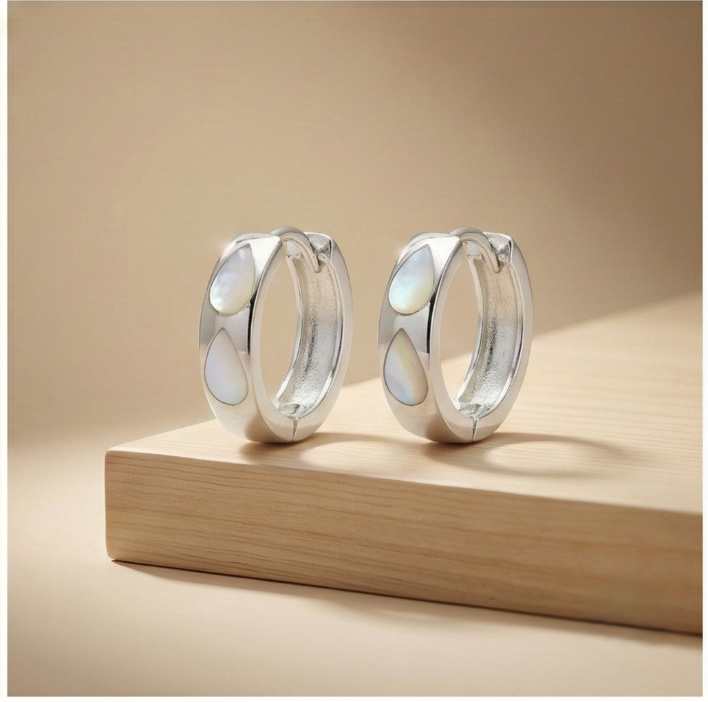 925 Sterling Silver White Pearlescent Teardrop Huggie Hoop Earrings for Women Rhodium Plated Jewellery
