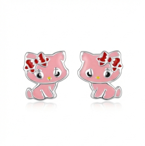 925 Sterling Silver Pink Enamel Cat Stud Earrings Jewellery for Kids