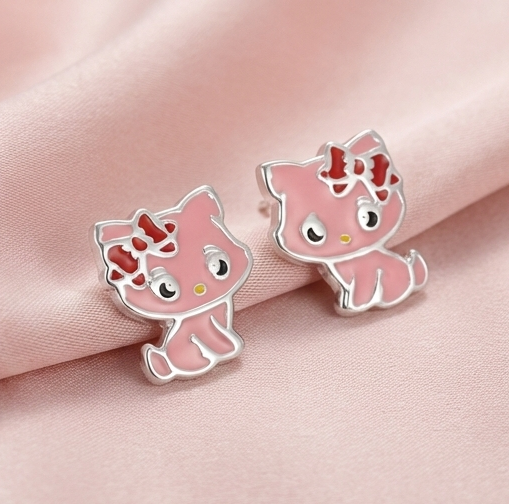 925 Sterling Silver Pink Enamel Cat Stud Earrings Jewellery for Kids