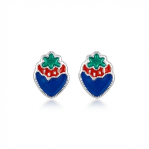 925 Sterling Silver Blue and Red Enamel Strawberry Stud Earrings Jewellery