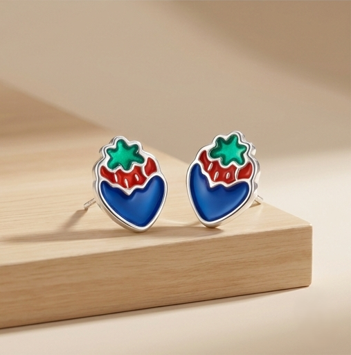 925 Sterling Silver Blue and Red Enamel Strawberry Stud Earrings Jewellery
