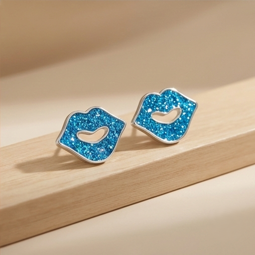 925 Sterling Silver Blue Glitter Lips Stud Earrings Jewellery for Women and Girls
