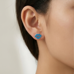 925 Sterling Silver Blue Glitter Lips Stud Earrings Jewellery for Women and Girls