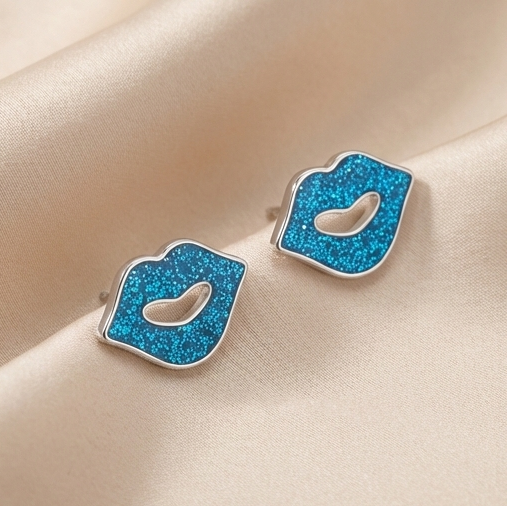 925 Sterling Silver Blue Glitter Lips Stud Earrings Jewellery for Women and Girls