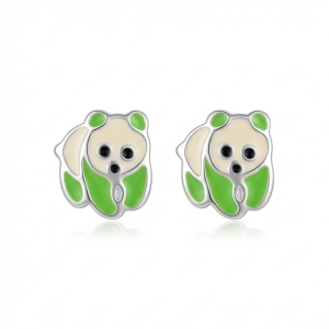 925 Sterling Silver Green Enamel Panda Bear Stud Earrings Jewellery