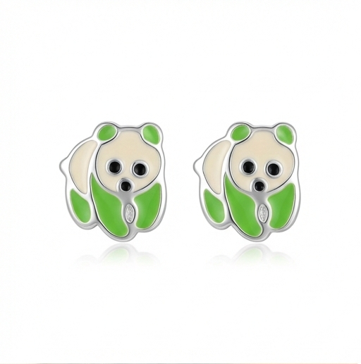 925 Sterling Silver Green Enamel Panda Bear Stud Earrings Jewellery