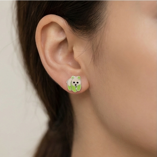 925 Sterling Silver Green Enamel Panda Bear Stud Earrings Jewellery