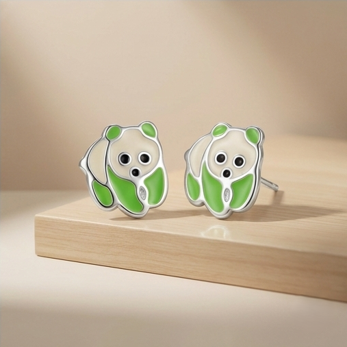 925 Sterling Silver Green Enamel Panda Bear Stud Earrings Jewellery