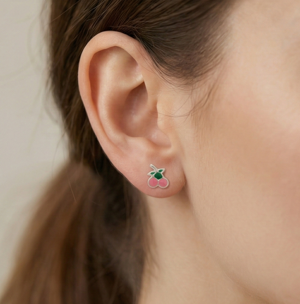 925 Sterling Silver Pink Enamel Cherry Fruit Stud Funky Earrings Jewellery