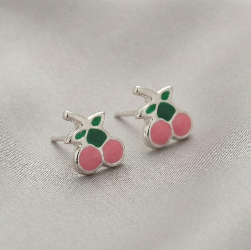 925 Sterling Silver Pink Enamel Cherry Fruit Stud Funky Earrings Jewellery