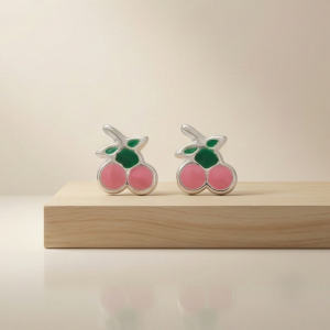 925 Sterling Silver Pink Enamel Cherry Fruit Stud Funky Earrings Jewellery