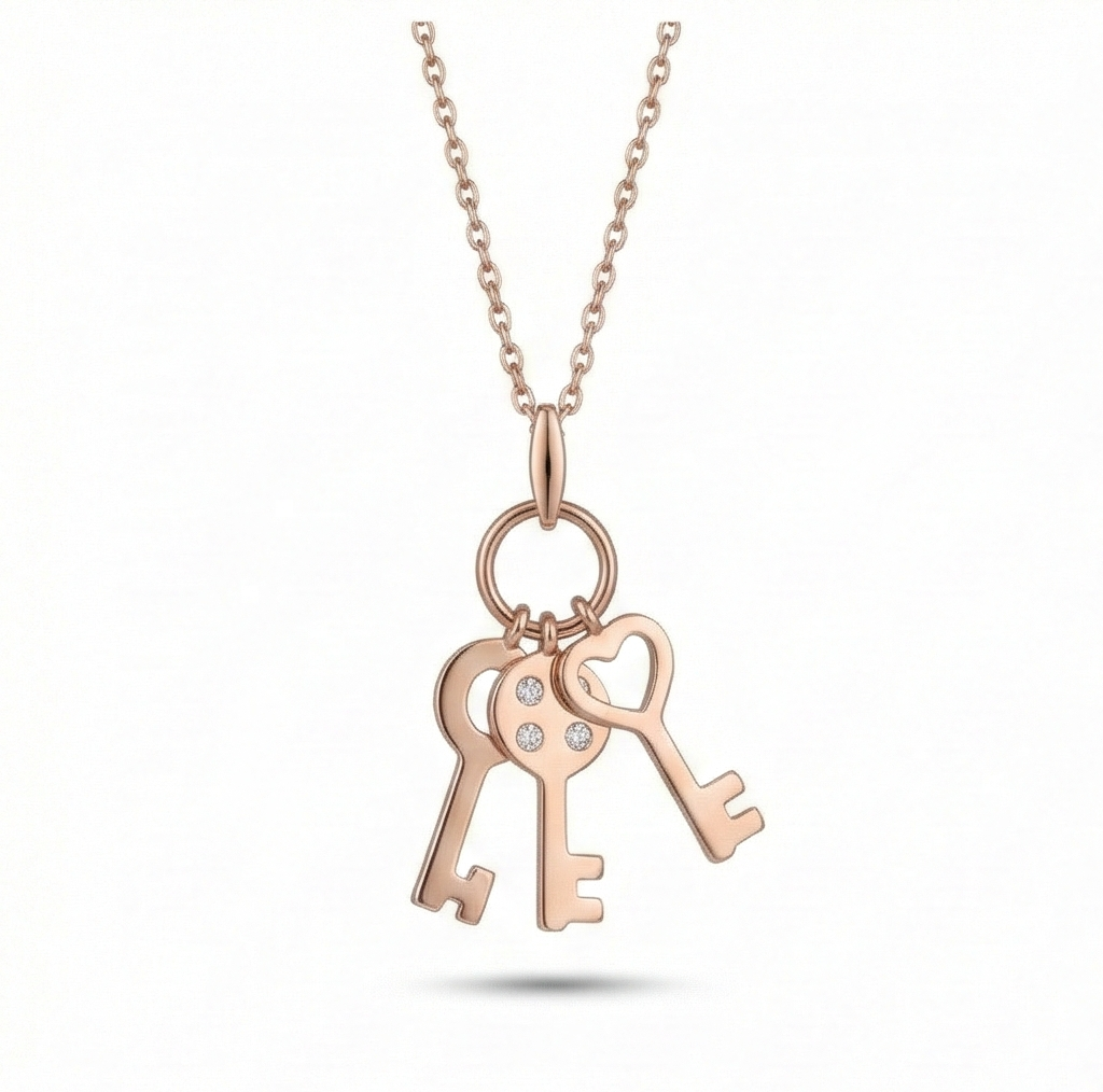 925 Sterling Silver Rose Gold Plated Trio Key Charm Pendant Necklace Jewellery for Women