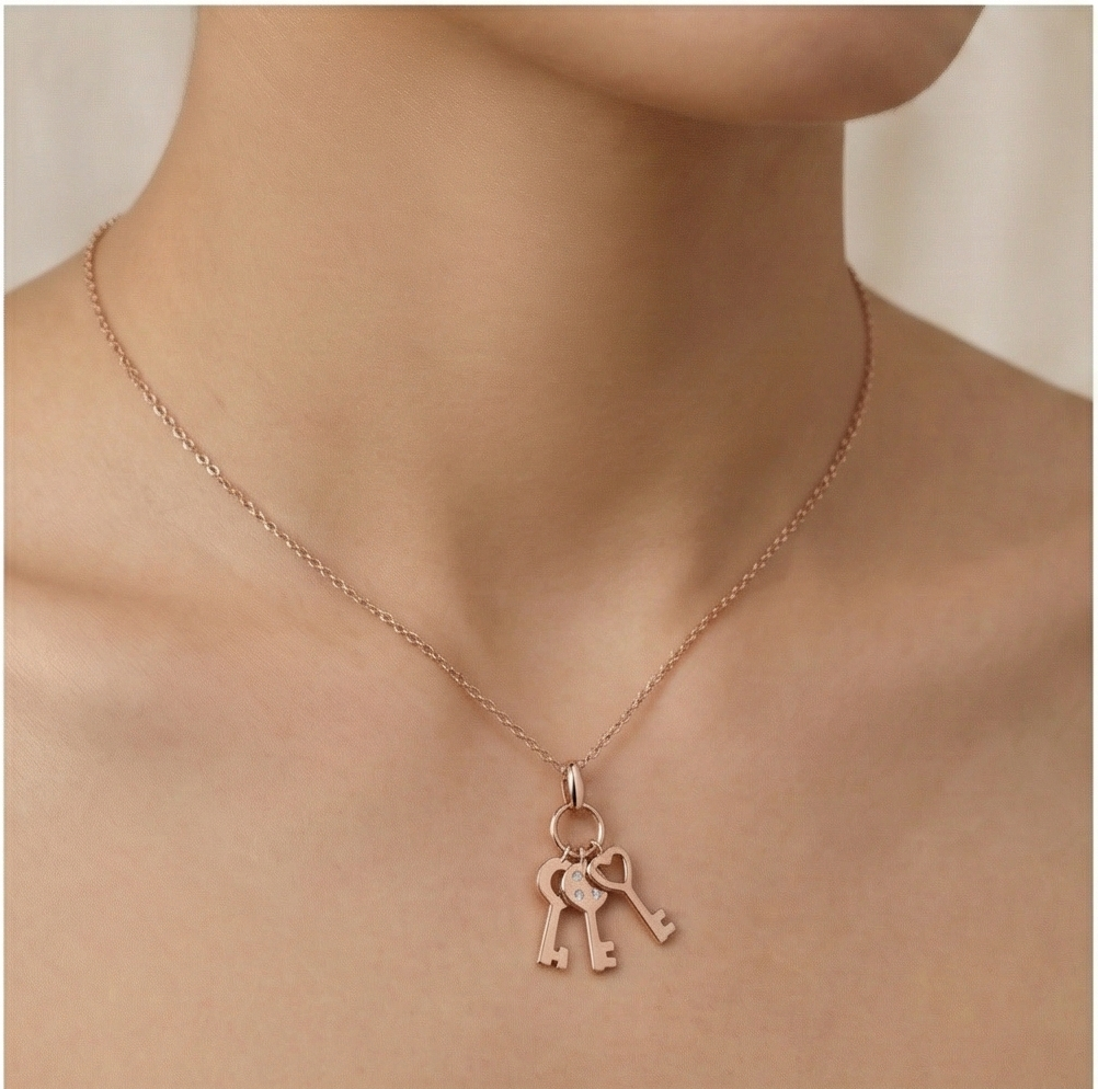 925 Sterling Silver Rose Gold Plated Trio Key Charm Pendant Necklace Jewellery for Women