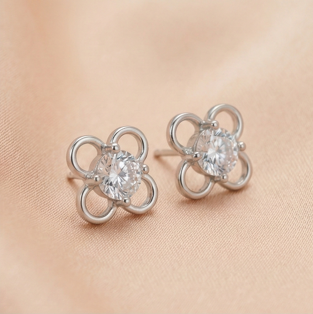 925 Sterling Silver Openwork Flower Stud Earrings Solitaire Center Rhodium Finish Jewellery