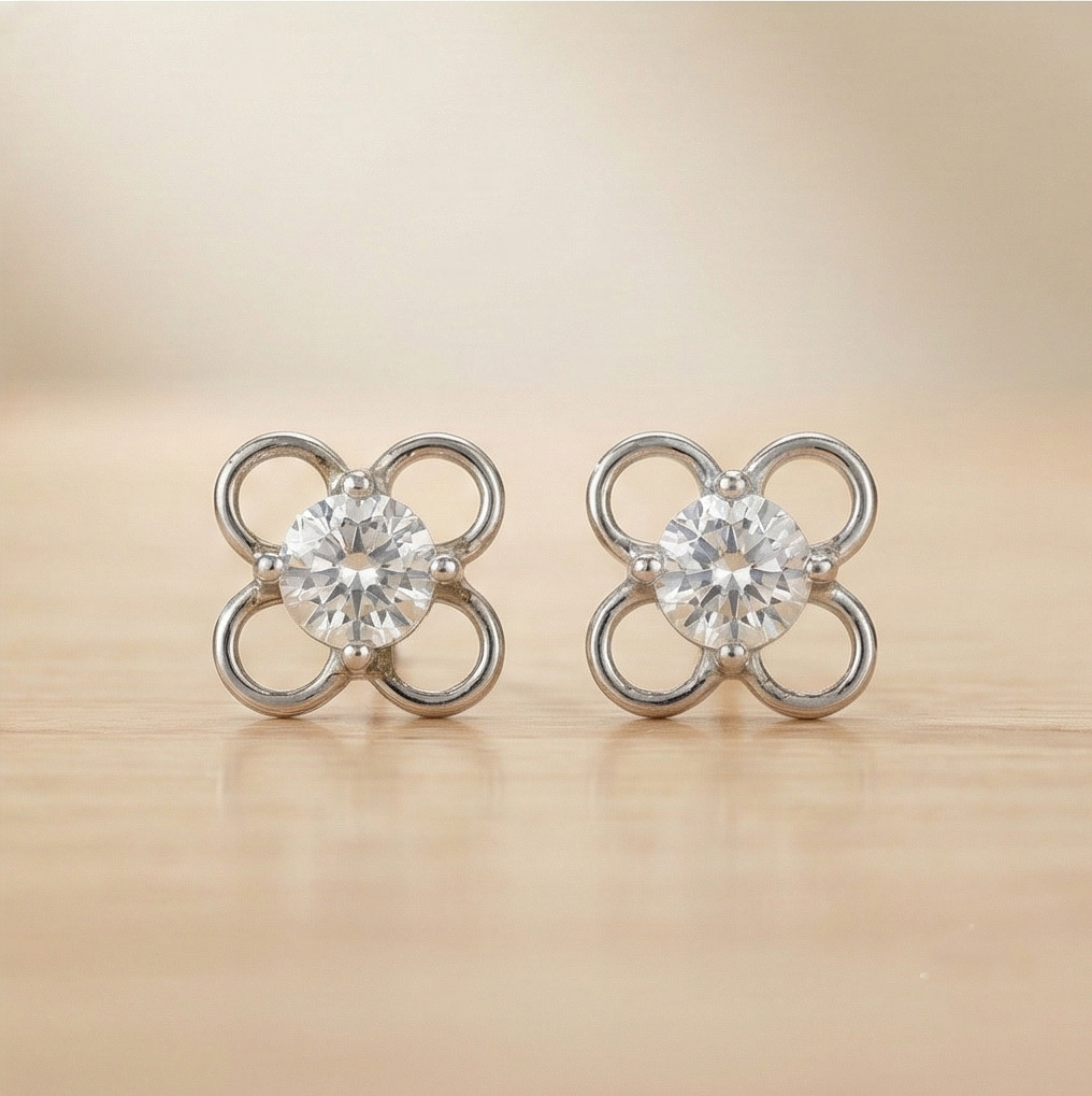 925 Sterling Silver Openwork Flower Stud Earrings Solitaire Center Rhodium Finish Jewellery