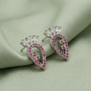 925 Sterling Silver Pink Carrot Stud Earrings Stone Accents Rhodium Finish Jewellery