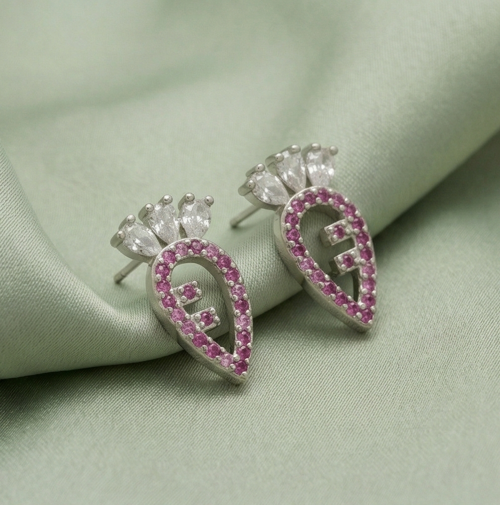925 Sterling Silver Pink Carrot Stud Earrings Stone Accents Rhodium Finish Jewellery