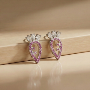925 Sterling Silver Pink Carrot Stud Earrings Stone Accents Rhodium Finish Jewellery