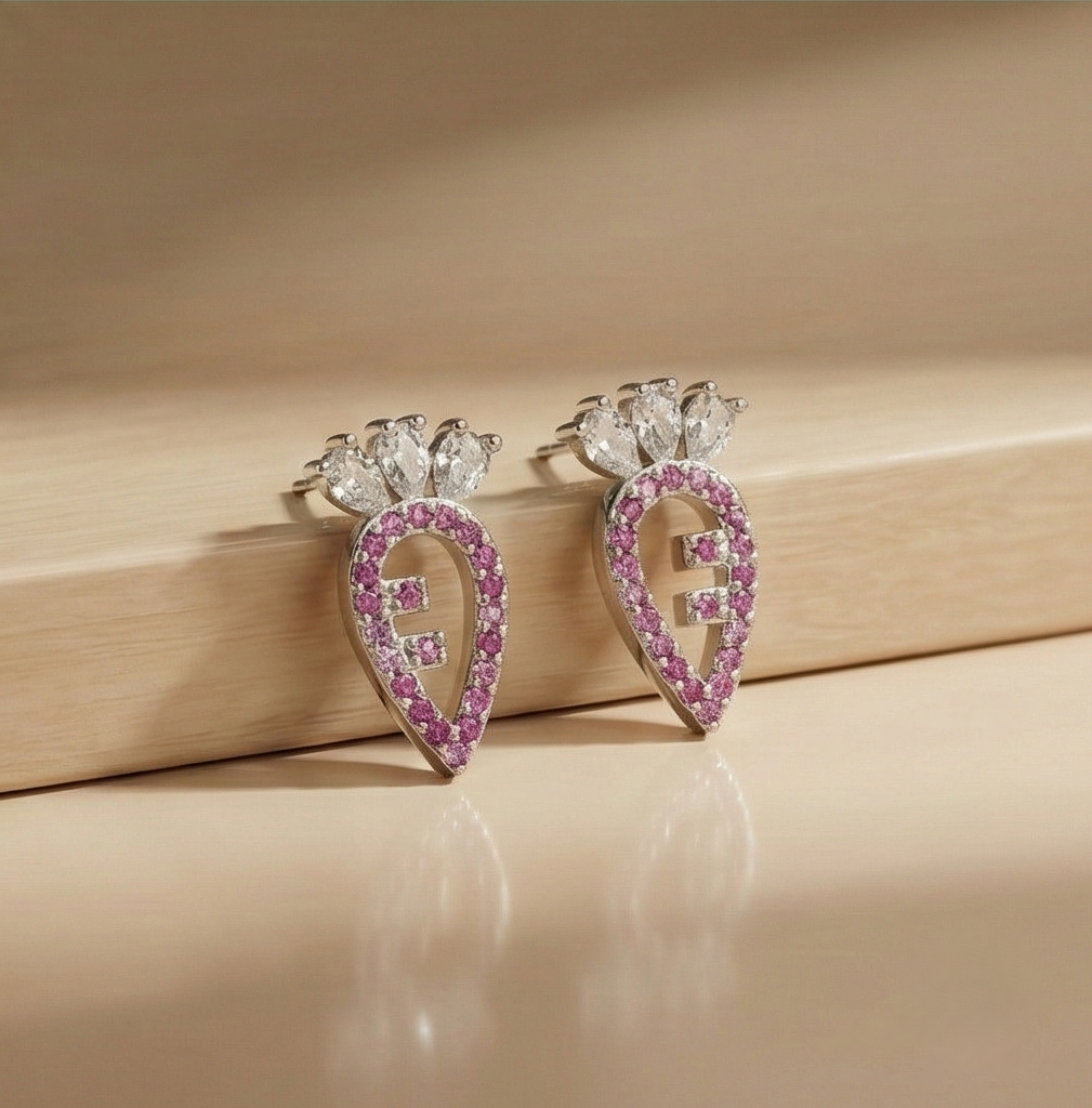 925 Sterling Silver Pink Carrot Stud Earrings Stone Accents Rhodium Finish Jewellery