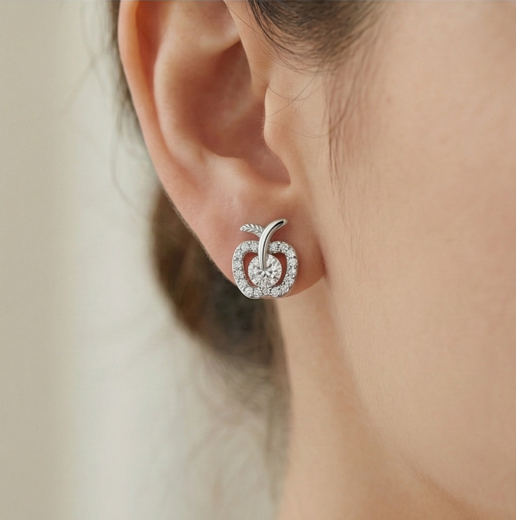 925 Sterling Silver Apple Shaped Stud Earrings Solitaire Center Rhodium Finish Jewellery