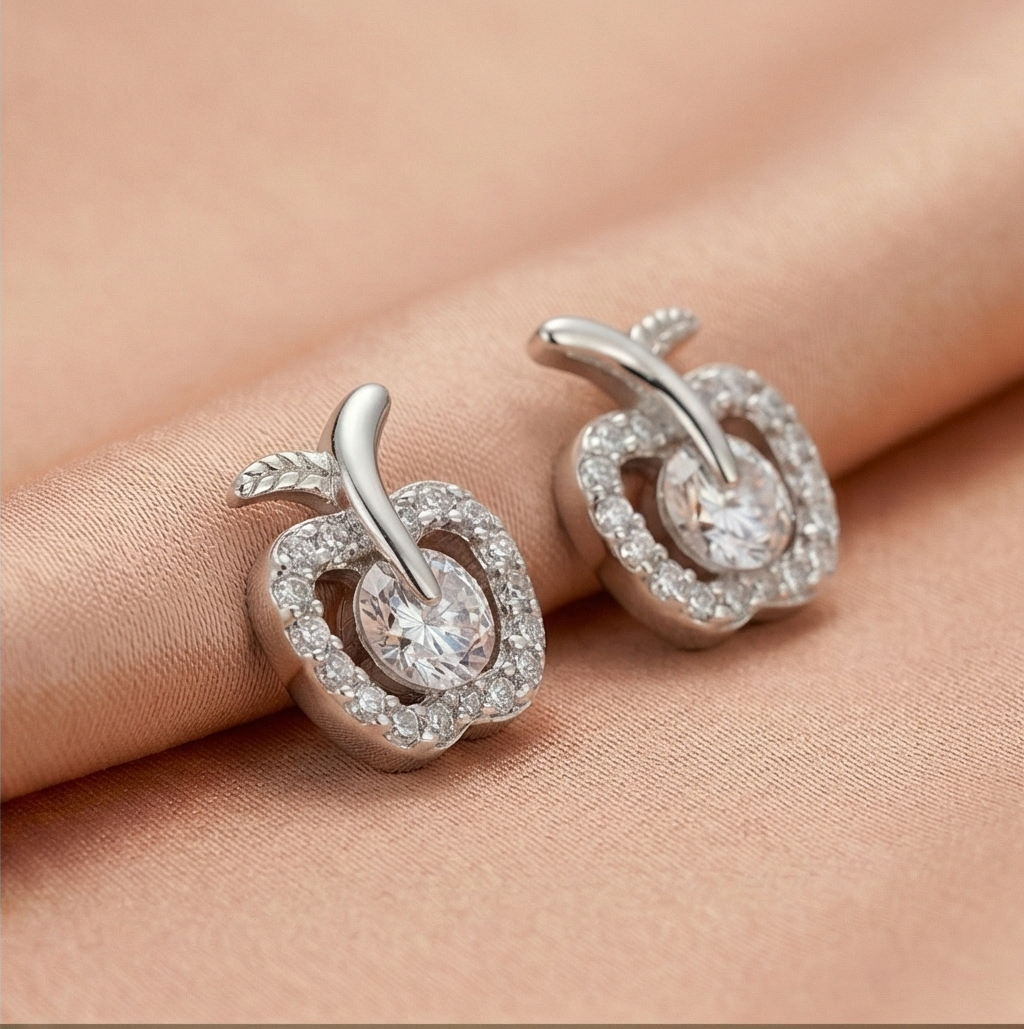 925 Sterling Silver Apple Shaped Stud Earrings Solitaire Center Rhodium Finish Jewellery
