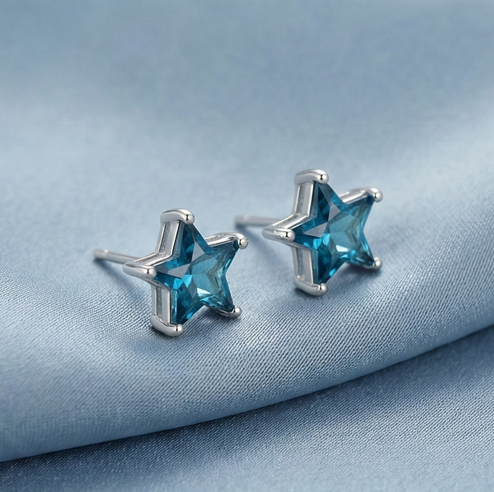 925 Sterling Silver Blue Star Stud Earrings Prong Set Solitaire Rhodium Finish Jewellery