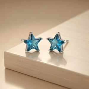 925 Sterling Silver Blue Star Stud Earrings Prong Set Solitaire Rhodium Finish Jewellery